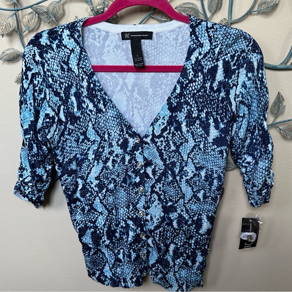 INC blue python snakeskin print cardigan sweater NWT Small